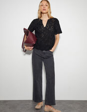 Brooke Short Sleeve Broderie Top , Black (BLACK), large