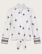 Eleanor Embroidered Tie Shirt, Ivory (IVORY), large