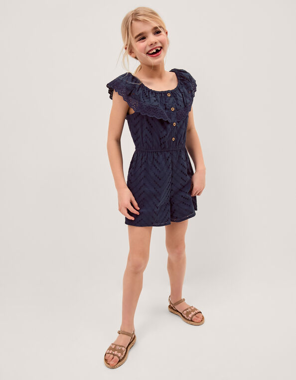Frilly Broderie Playsuit, Blue (NAVY), large