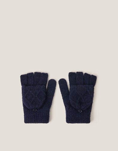 Diamond Fingerless Gloves with Mittens, Blue (NAVY), large