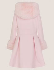 Faux Fur Hood Double-Breasted Coat, Pink (PINK), large