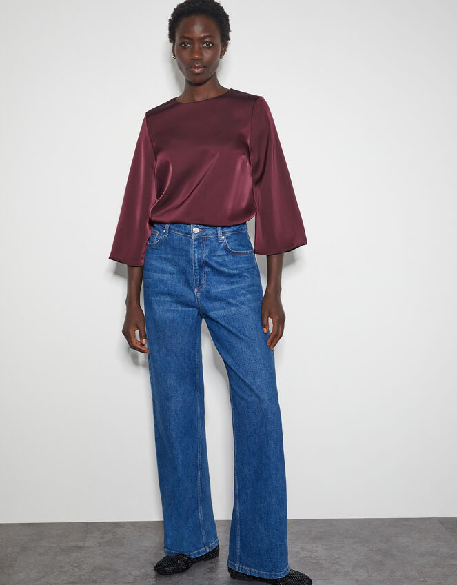 Ingrid Bell Sleeve Satin Top, Red (BURGUNDY), large