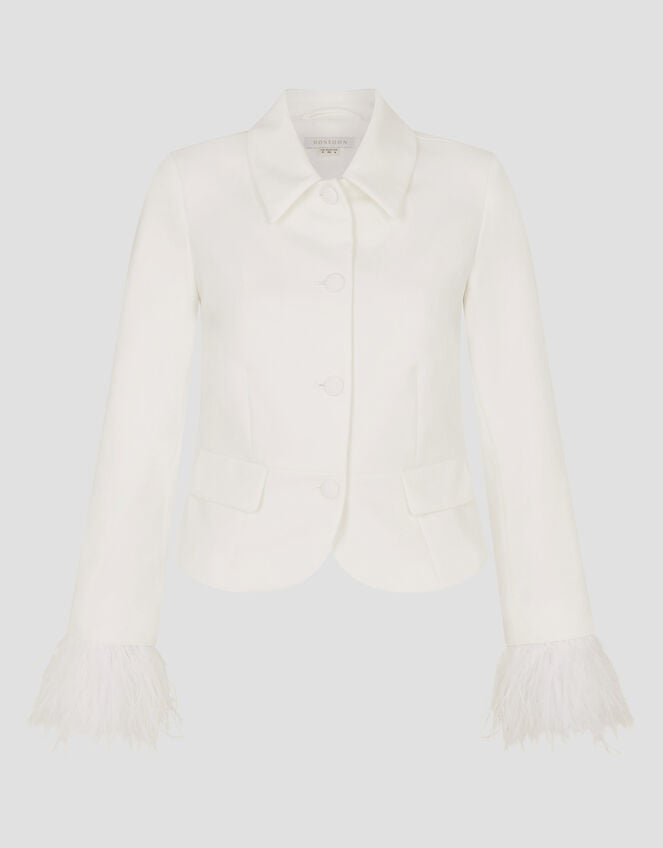 Luisa Feather Cuff Wedding Jacket, Ivory (IVORY), large