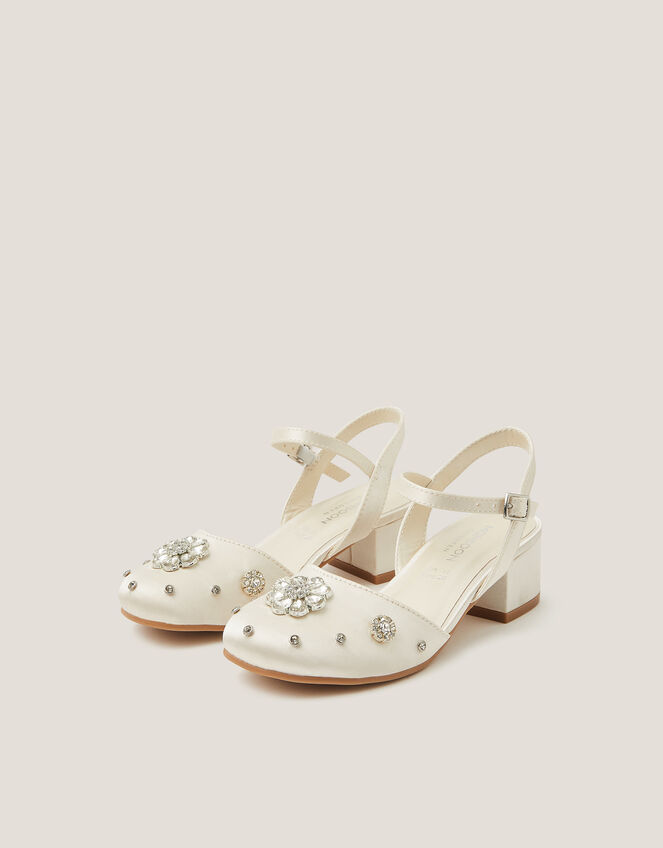 Flower Diamant&eacute; Satin Closed Toe Heels, Ivory (IVORY), large