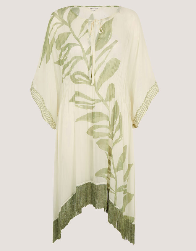 Lillie Leaf Print Fringe Mini Kaftan, , large