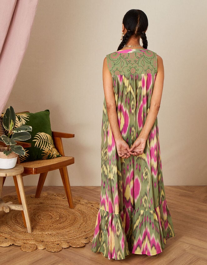 Premium Diamond Ikat Print Smock Dress, Green (GREEN), large