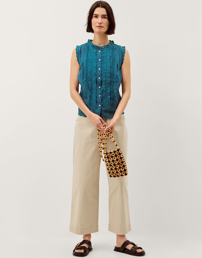 Trish Sleeveless Broderie Frill Top, Teal (TEAL), large