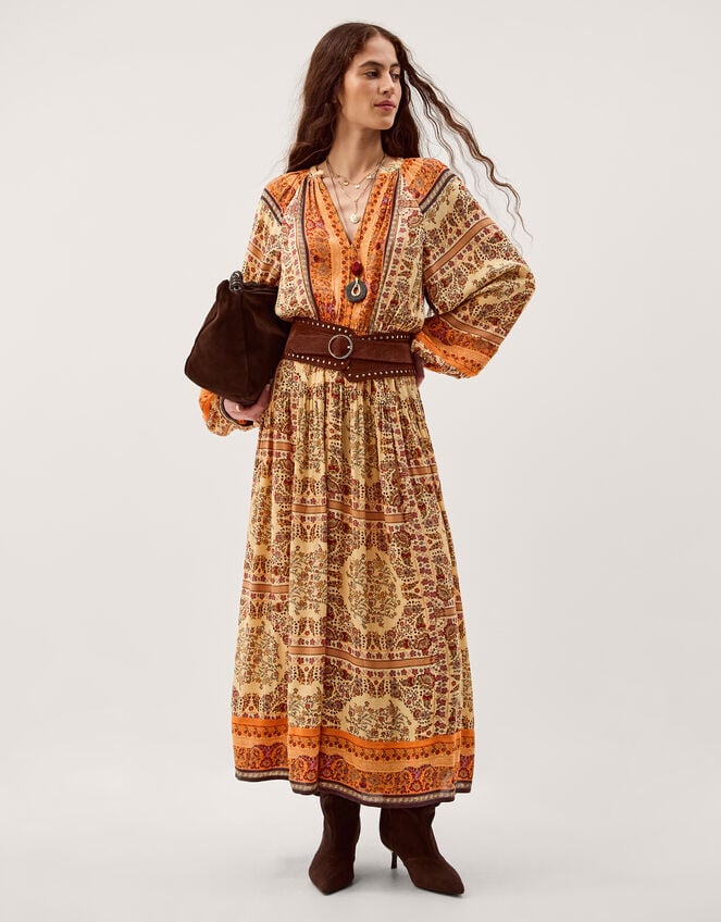 Ines Floral Print Midi Dress, Natural (STONE), large