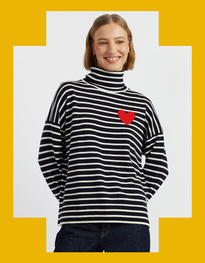 Chinti & Parker Heart Stripe Roll Neck Jumper, Blue (NAVY), large