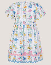 Bonnie Puff Sleeve Checkerboard Floral Dress, Ivory (IVORY), large