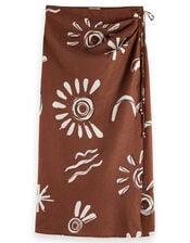Abstract Print Midi Wrap Skirt, Brown (BROWN), large