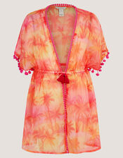 Palm Print Pom Pom Kaftan, Orange (ORANGE), large
