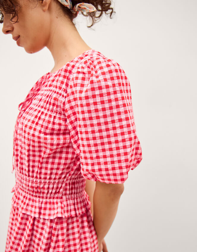 Mel Puff Sleeve Gingham Midi Dress, Red (RED), large