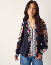Rosalie Floral Print V-Neck Blouse, Blue (NAVY), large