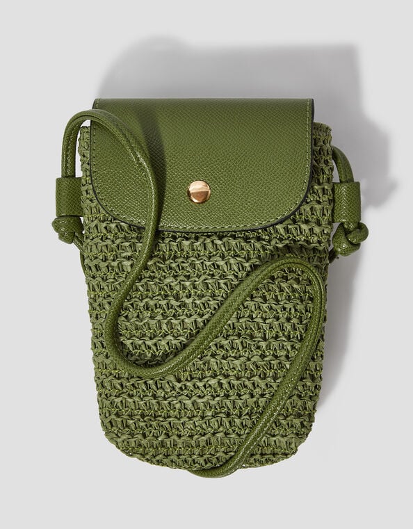 Rosie Raffia Phone Bag, Green (KHAKI), large
