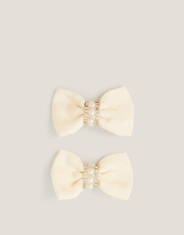 2-Pack Pearl Embellished Bow Hair Clips, Ivory (IVORY), large