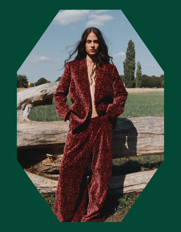 East Jude Print Velvet Wide Leg Trousers, Red (BERRY), large