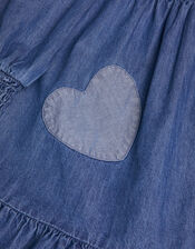 Long Sleeve Ruffle Heart Denim Dress, Blue (BLUE), large