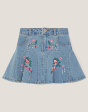 Floral Embroidered Denim Mini Skirt, Blue (BLUE), large