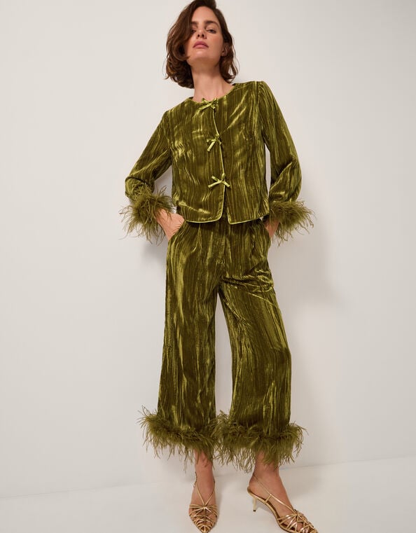 Olivia Feather Cuff Velvet Jacket, Green (OLIVE), large