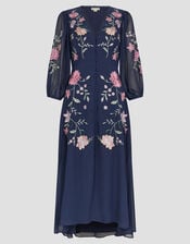 Emani Floral Embroidered Midi Tea Dress, Blue (NAVY), large