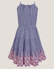 Embroidered Gingham Sun Dress, Blue (NAVY), large