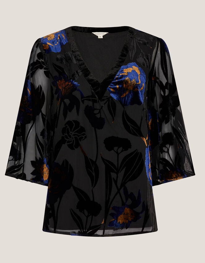 Giselle Floral Devoré Top, Blue (MIDNIGHT), large
