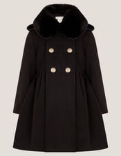 Faux Fur Collar Double-Breasted Coat, Black (BLACK), large