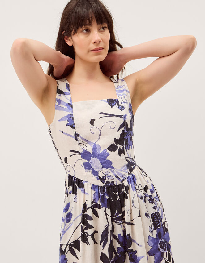 Nicolette Floral Linen Blend Midi Dress, Blue (BLUE), large