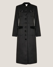 Viv Velvet Trim Military Coat, Black (BLACK), large