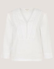 Jayla V-Neck Lace Linen Blouse, White (WHITE), large