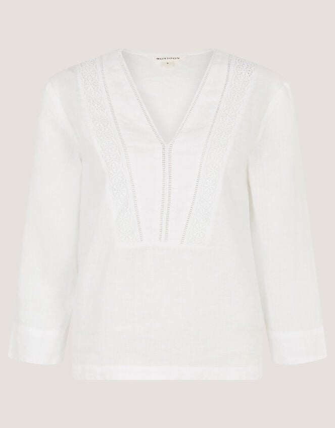 Jayla V-Neck Lace Linen Blouse, White (WHITE), large