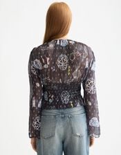 Scotch & Soda Print Smocked Waist Top, Blue (NAVY), large