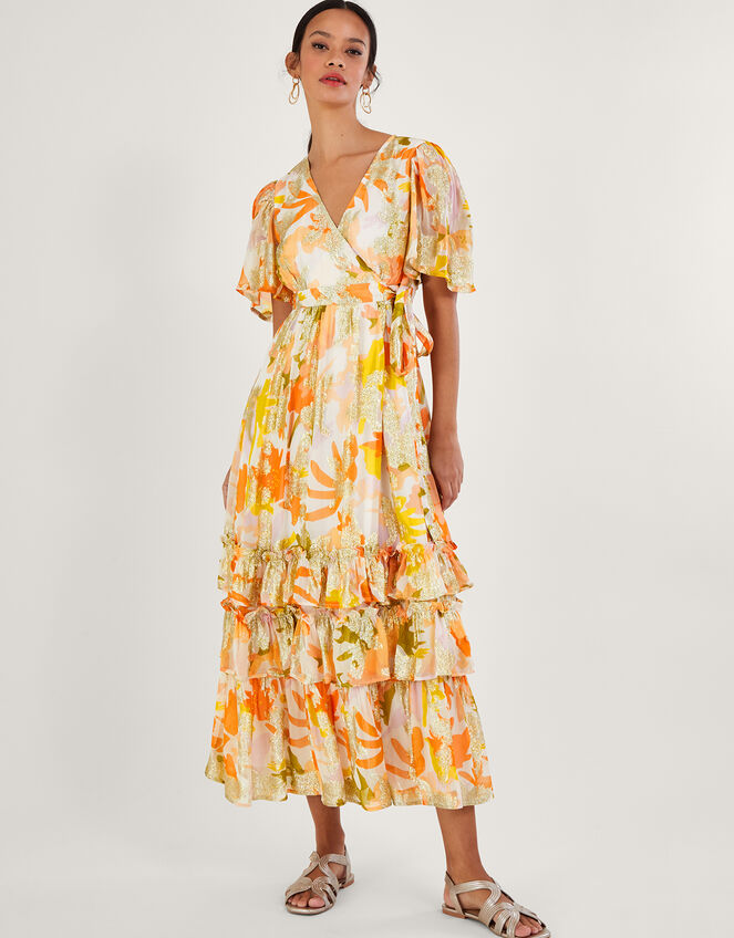 Willow Metallic Print Ruffle Wrap Dress, Ivory (IVORY), large