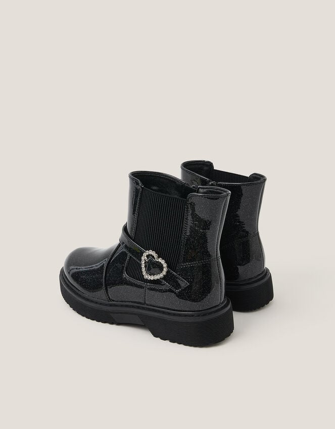 Heart Buckle Glitter Patent Boots, Black (BLACK), large