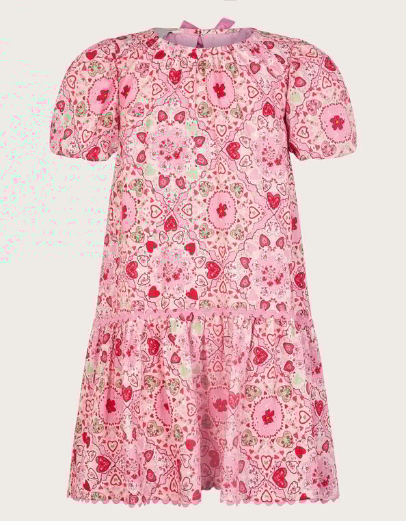 Heart Print Puff Sleeve Dress, Pink (PINK), large
