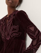 Ezra Embroidered Velvet Midi Dress, Purple (AUBERGINE), large