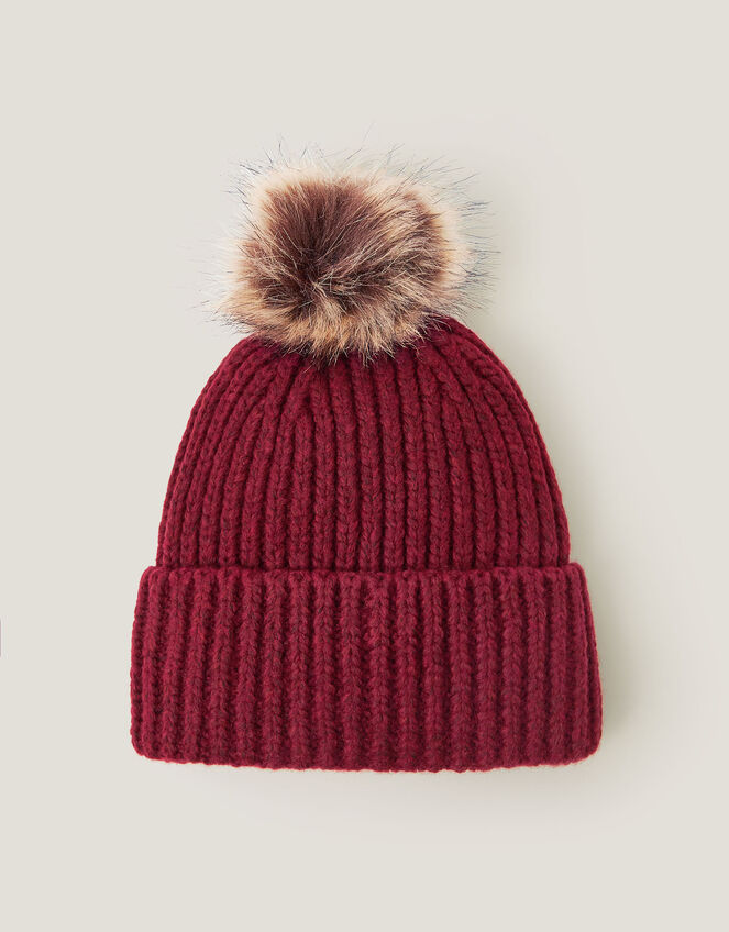 Dede Faux Fur Bobble Beanie Hat, Red (BURGUNDY), large