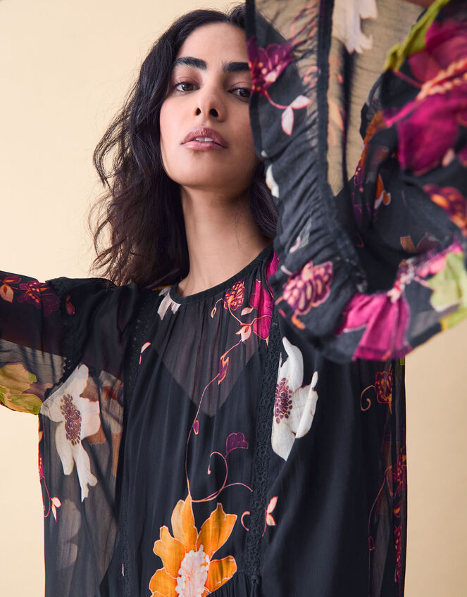 Clemence Camille Floral Georgette Midi Dress, Black (BLACK), large