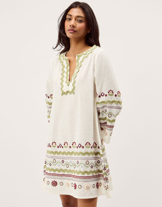 Bria Embroidered Mini Tunic Dress, Ivory (IVORY), large