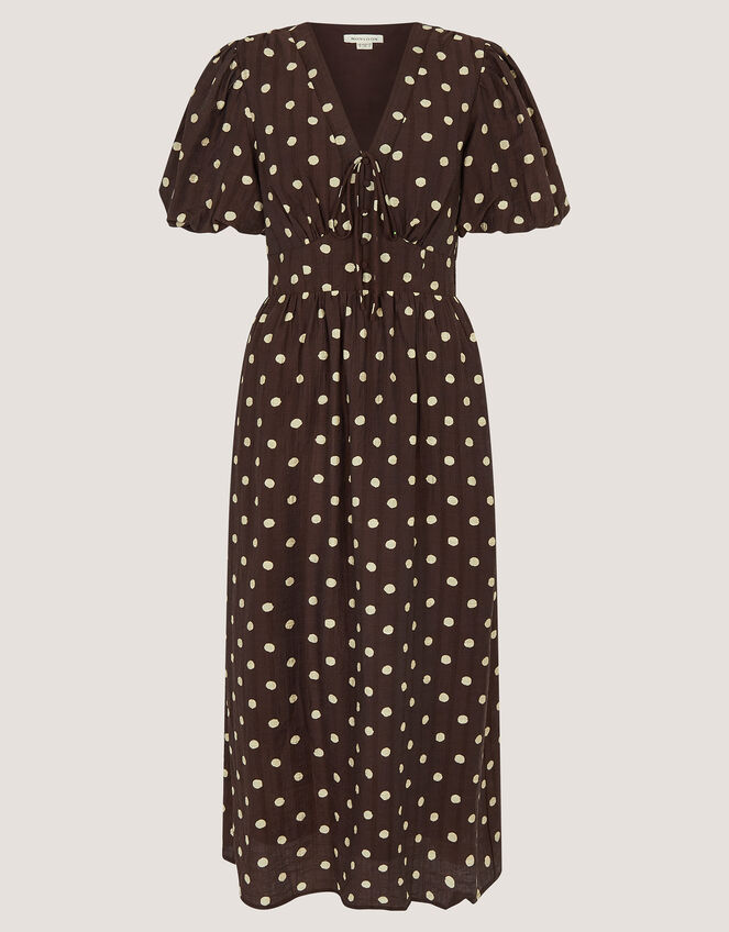 Paris Puff Sleeve Polka Dot Midi Dress, Brown (CHOCOLATE), large