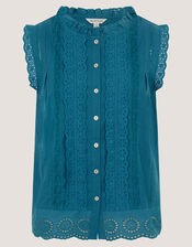 Trish Sleeveless Broderie Frill Top, Teal (TEAL), large