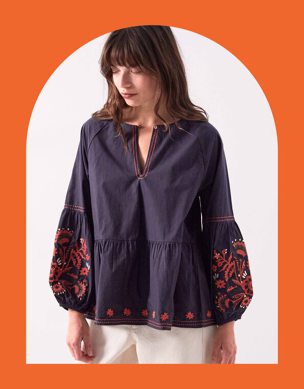 East Cerza Floral Embroidered Top, Grey (CHARCOAL), large