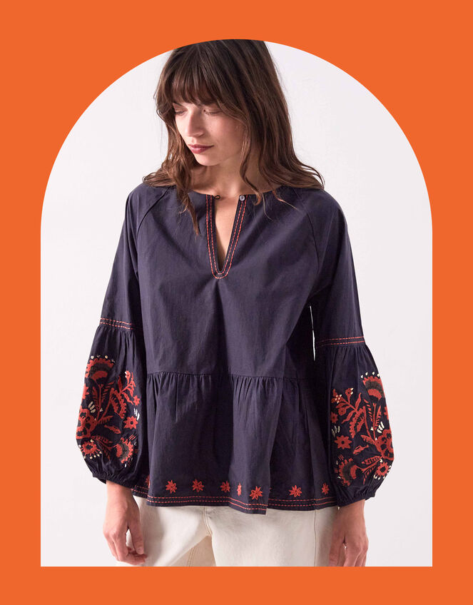 East Cerza Floral Embroidered Top, Grey (CHARCOAL), large