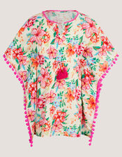 Floral Print Pom Pom Kaftan, White (WHITE), large