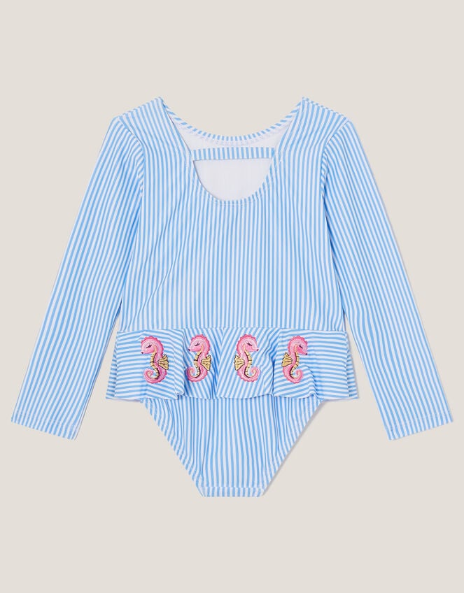 Baby Seahorse Stripe UPF50+ Long Sleeve Swimsuit, Blue (BLUE), large