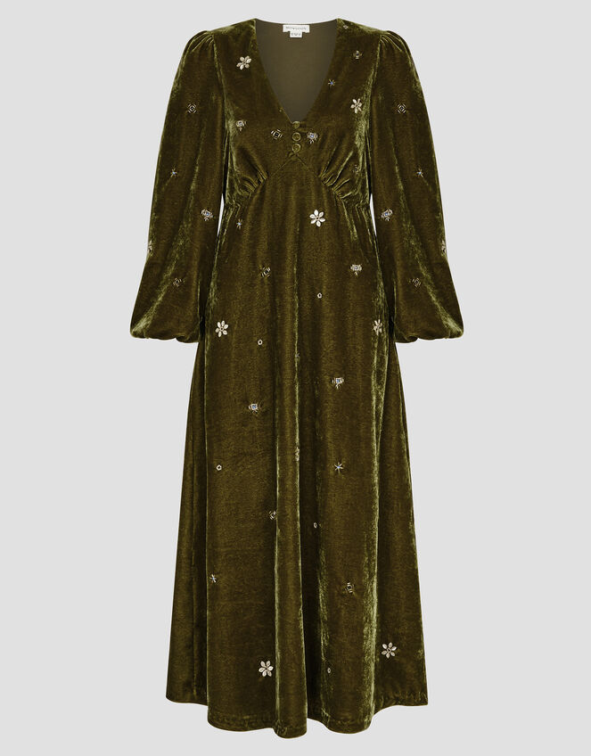 Joyce Embellished Velvet Tea Dress, Yellow (OCHRE), large