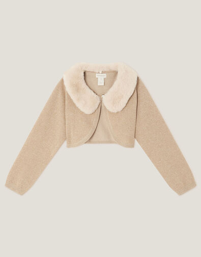Faux Fur Collar Cardigan, Gold (GOLD), large