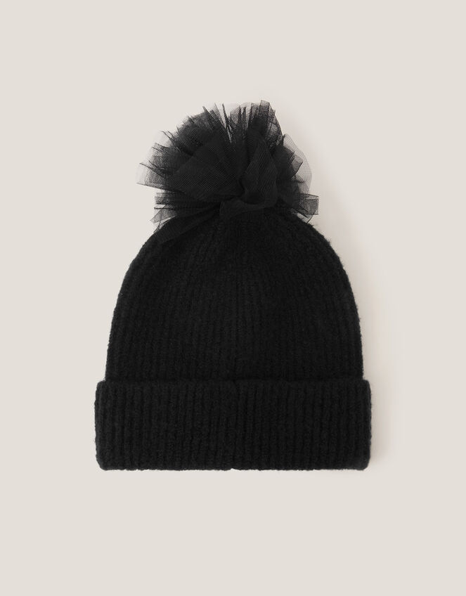 Tulle Pom-Pom Beanie Hat, Black (BLACK), large