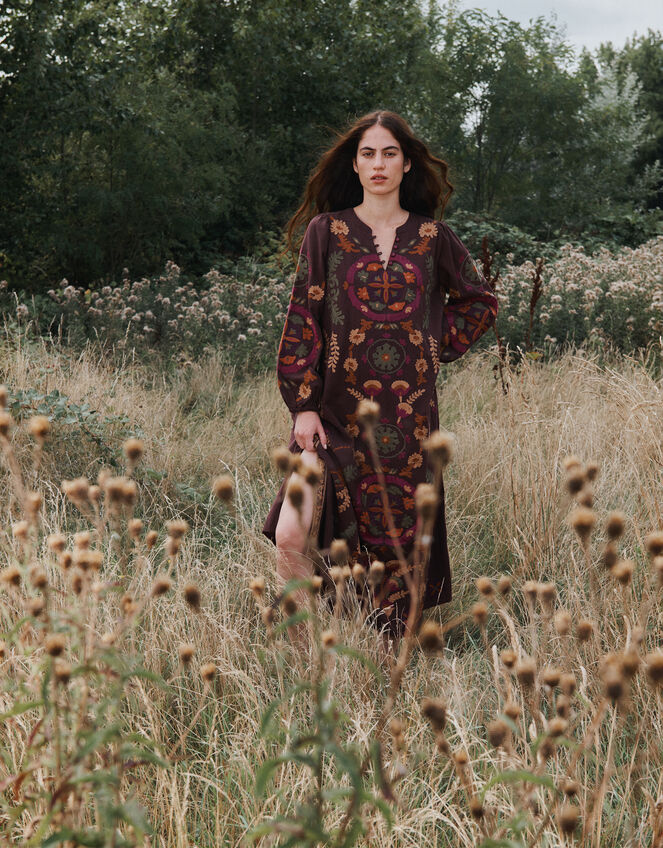 East Preeti Embroidered Long Sleeve Maxi Dress, Red (BERRY), large